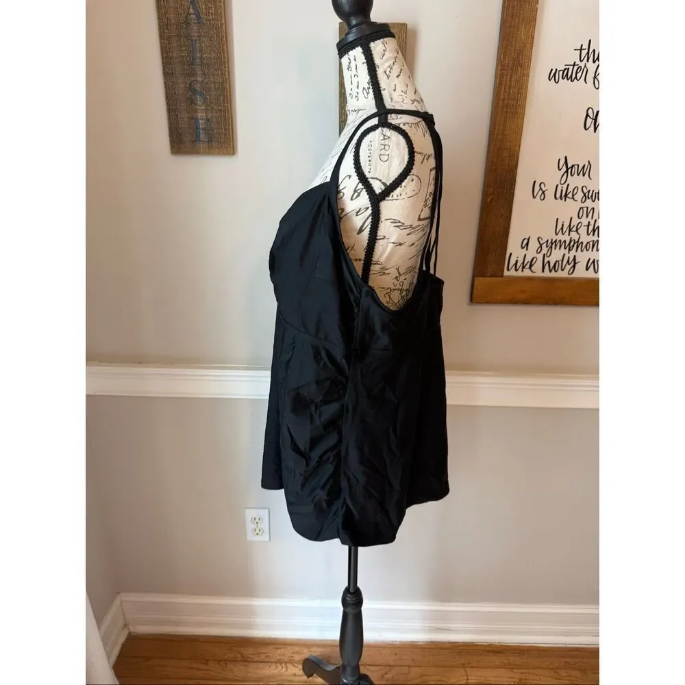 Ava & Viv Women's Caged Strappy Back Twist Front Swim Tankini Top Black Sz 22W